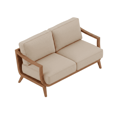 A two-seater upholstered loveseat featuring an exposed wooden frame and light beige fabric cushions. — 3D model (AI enhanced source)