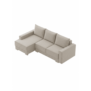 An L-shaped sectional sofa upholstered in a light beige fabric, featuring an integrated left-hand facing chaise lounge. The sofa has a clean, modern aesthetic with visible stitching details, low-profile block feet, and three separate back cushions. The armrests are broad and flat, matching the overall minimalist silhouette. — 3D model (AI enhanced source)