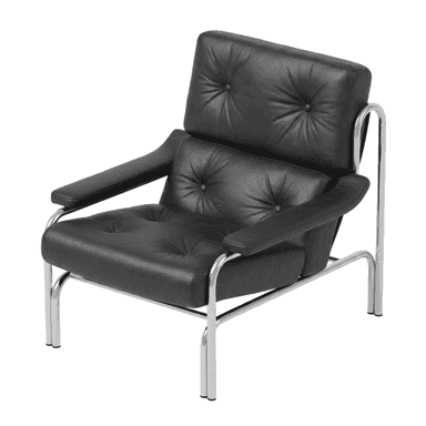 A modernist lounge chair featuring a polished chrome tubular frame and black tufted leather upholstery. The design includes separate, thick cushions for the seat, back, and armrests, all adorned with button tufting. The chair exhibits a low-profile, angular form characteristic of mid-20th-century design. — 3D model (AI enhanced source)