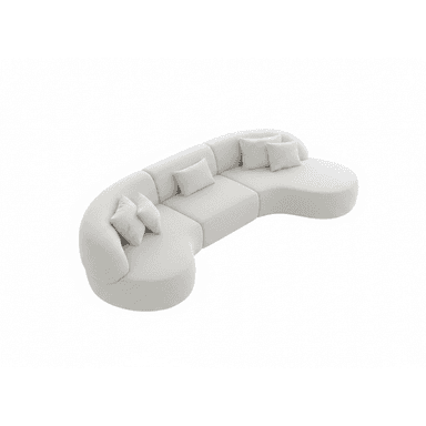 A contemporary modular sectional sofa featuring a distinctive serpentine or S-shaped curve, upholstered in a light-colored, soft-textured fabric. It comprises several individual pieces, including a large rounded end section that functions as a chaise lounge, and a rounded armrest on the opposite end. The design is characterized by its low profile, plush appearance, and soft, organic lines. The sofa is accessorized with several small, rectangular throw pillows. — 3D model (AI enhanced source)