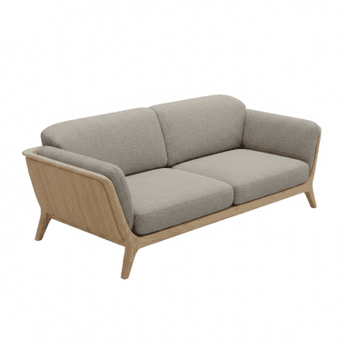 A modern two-seater loveseat featuring a light gray fabric upholstery and an exposed, light-toned wooden frame. The frame forms the arms and backrest, elegantly curving around the upholstered cushions. The design is minimalist with clean lines and tapered wooden legs, characteristic of Scandinavian aesthetics. — 3D model (AI enhanced source)