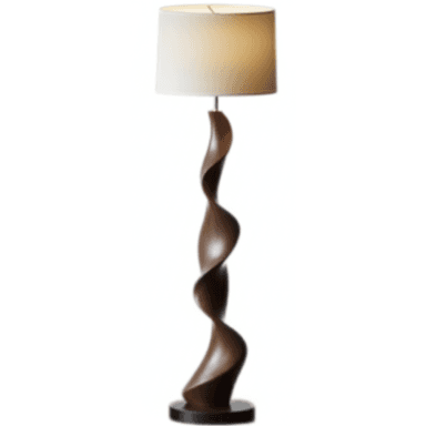A floor lamp featuring a tall, dark brown, twisted wooden base that tapers upwards, supporting a simple off-white drum-shaped fabric shade. The base rests on a circular black platform. — 3D model (AI enhanced source)