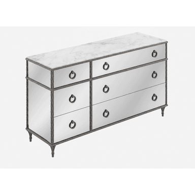 A sophisticated chest of drawers featuring a mirrored body, a white marble top, and a distinctive rope-twist metal frame. It comprises six drawers with dark ring pull handles, resting on tapered metal legs. — 3D model (AI enhanced source)