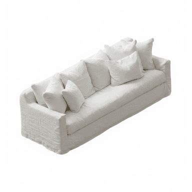A long, low-profile sofa with a slipcover design. The sofa features plush seat cushions and a generous arrangement of throw pillows in varying sizes. The upholstery appears to be a textured, natural fabric, possibly linen, in an off-white or cream color. The overall aesthetic is relaxed and comfortable, with a slightly wrinkled texture on the slipcover. — 3D model (AI enhanced source)