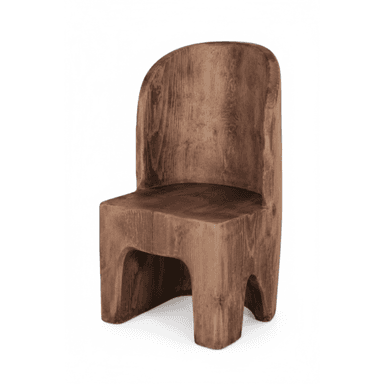 A contemporary dark brown solid wood chair featuring a distinctive sculptural form, comprising a gently curved backrest seamlessly integrated with a sturdy, block-like seat and legs. The wood exhibits prominent grain patterns and a visible textured finish. — 3D model (AI enhanced source)