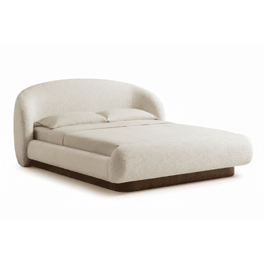 A contemporary platform bed featuring a rounded, fully upholstered headboard and bed frame in an off-white boucle fabric, resting on a recessed dark wood plinth base. — 3D model (AI enhanced source)