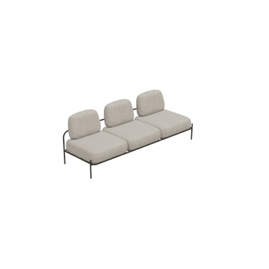 A minimalist three-seater sofa featuring a slender black tubular metal frame and three light beige fabric upholstered cushions for both seating and back support. The design is contemporary and airy, with no integrated armrests. — 3D model (AI enhanced source)
