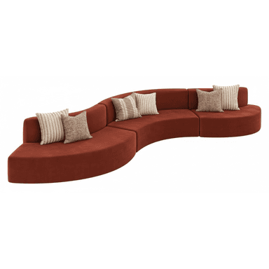 A modern curved modular sectional sofa upholstered in a rich terracotta-colored fabric, presented with multiple decorative throw pillows against a plain white background. The sofa is composed of several seamlessly connected segments forming an elongated, undulating seating arrangement. — 3D model (AI enhanced source)
