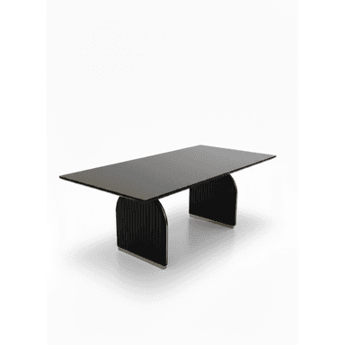 A sleek, contemporary dining table featuring a rectangular black tabletop supported by two distinctive, fluted pedestal bases. The bases are arch-shaped and black, accented with polished brass strips at the bottom. — 3D model (AI enhanced source)