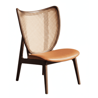 A contemporary lounge chair featuring a dark stained wooden frame, a gently curved backrest with woven cane webbing, and a comfortably padded seat upholstered in cognac-colored leather. The chair stands on four slightly splayed wooden legs, contributing to its modern and inviting aesthetic. — 3D model (AI enhanced source)