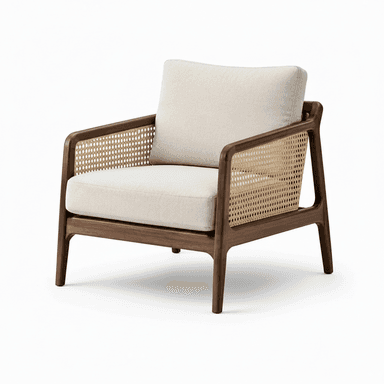 A modern armchair featuring a dark walnut wooden frame with woven cane panels on the side and back. It is fitted with thick, removable light beige fabric cushions for the seat and backrest. The design emphasizes clean lines and natural materials, showcasing a blend of contemporary and classic aesthetics. — 3D model (AI enhanced source)