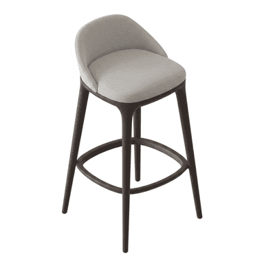 A modern bar stool featuring a light gray upholstered seat and a gently curved low backrest, supported by four dark brown tapered legs with an integrated circular footrest. — 3D model (AI enhanced source)