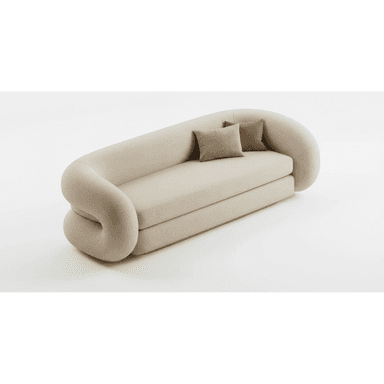 A modern, sculptural sofa upholstered in a light, textured boucle fabric, featuring continuous rounded arms and backrest, with a low profile base and two accent pillows. — 3D model (AI enhanced source)