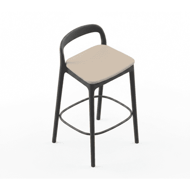 A modern bar stool featuring a dark-colored frame, likely molded plastic or metal, with a light beige or tan upholstered seat. The frame forms four legs, an integrated circular footrest, and extends upwards to create a minimalist backrest that gently curves. The design emphasizes clean lines and a contemporary aesthetic. — 3D model (AI enhanced source)