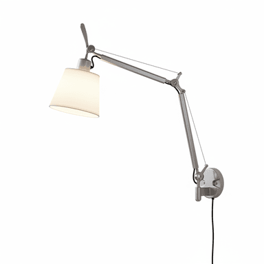 A wall-mounted lamp featuring a brushed silver-grey metal articulated arm with spring-balanced tension cables, and a conical white fabric shade. The lamp has a plug-in cord extending from its wall-mounted base. — 3D model (AI enhanced source)