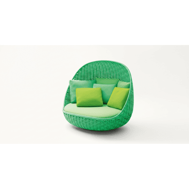 A vibrant green, pod-shaped lounge chair featuring a finely woven synthetic exterior and multiple cushions in varying shades of green, designed for outdoor use. — 3D model (AI enhanced source)