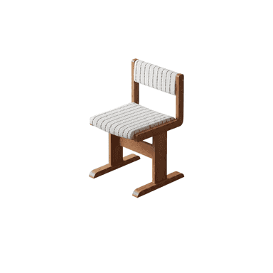 A wooden chair with upholstered seat and backrest. The frame is made of solid wood with a natural finish. The seat and backrest are upholstered in a white fabric with a repeating pattern of thin, vertical black dashes. — 3D model (AI enhanced source)
