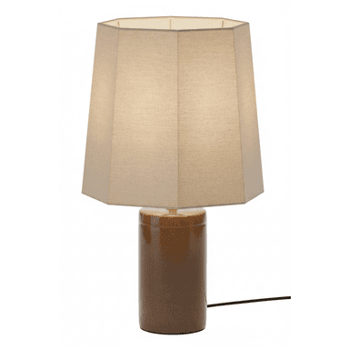 A contemporary table lamp featuring a cylindrical ceramic base with a speckled brown glaze and an octagonal fabric shade in a neutral beige hue. The lamp provides ambient light, suitable for various interior settings. — 3D model (AI enhanced source)