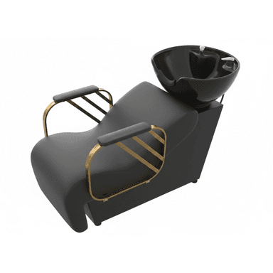A modern salon shampoo chair featuring a reclined seating position and an integrated black ceramic basin at the rear. The chair is upholstered in black material, likely faux leather or vinyl, with a sleek, curved design. It includes gold-finished metal armrests with padded black tops, complementing the overall contemporary aesthetic. — 3D model (AI enhanced source)