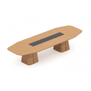 An elongated, boat-shaped conference table featuring a light wood finish and a contrasting dark grey or black central insert. The tabletop is supported by two sturdy, curved pedestal bases, creating a minimalist and professional aesthetic. — 3D model (AI enhanced source)
