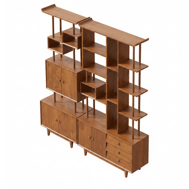 A mid-century modern style modular shelving unit made of wood, featuring a combination of open display shelves, enclosed cabinets with doors, and pull-out drawers. The unit stands on splayed legs and has a warm brown finish. — 3D model (AI enhanced source)