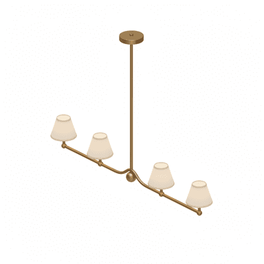 A linear chandelier with a central pole extending to a horizontal arm from which four lampshades are suspended. The structure is made of a metallic material, possibly brass, with a matte finish. The lampshades are conical and appear to be made of fabric, emitting a warm, diffused light. — 3D model (AI enhanced source)