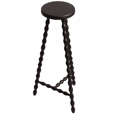 A dark brown wooden stool featuring a round, flat seat. Its most distinctive characteristic is the three barley twist or bobbin-turned legs, which are joined by low, matching stretchers, providing stability and visual interest. The wood has a rich, deep brown finish. — 3D model (AI enhanced source)