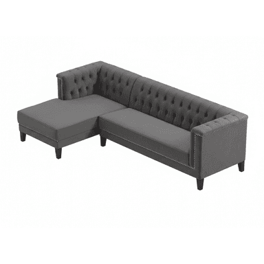 A dark grey sectional sofa featuring a left-hand facing chaise, distinguished by deep button tufting on the backrest and inner arms. The exterior arms and lower front frame are accented with decorative silver nailhead trim. It is upholstered in a soft, plush fabric and stands on short, dark-stained tapered wooden legs. The design combines classic Chesterfield elements with a contemporary sectional form. — 3D model (AI enhanced source)