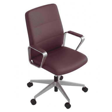 A contemporary office armchair featuring burgundy upholstered seat and backrest, complemented by sleek silver-toned aluminum armrests and a five-star caster base. The chair's design is modern and functional, suitable for a professional setting. — 3D model (AI enhanced source)