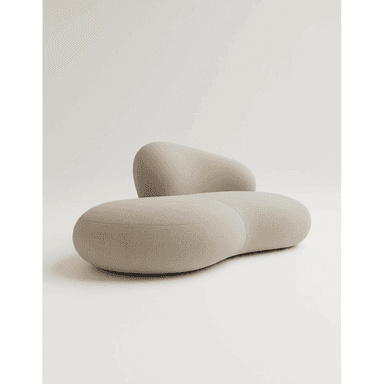 A modern, biomorphic upholstered seating unit, possibly a modular sofa component, featuring a fluid, pebble-like form covered in a light beige fabric. Another similar, smaller piece is visible in the background, suggesting a modular or multi-piece lounge arrangement. — 3D model (AI enhanced source)