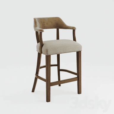 A bar stool featuring a sturdy dark brown wooden frame, an upholstered seat, and a gracefully curved upholstered backrest that extends into integrated armrests. Both the seat and the back/armrests are accented with decorative brass-toned nailhead trim along their edges. The design includes horizontal stretchers between the legs, serving as a functional footrest. — 3D model (AI enhanced source)
