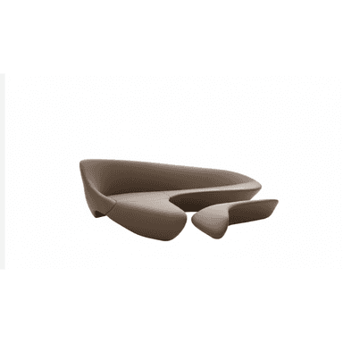 A fluid, organic-shaped sofa in a neutral taupe/mink brown color, featuring a continuous form that extends into an integrated chaise-like element. The design is armless and sculptural, with a low profile. — 3D model (AI enhanced source)