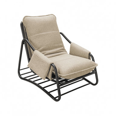 A low-profile contemporary lounge chair featuring a sturdy black tubular metal frame and plush, light beige fabric cushions for the seat, back, and armrests. — 3D model (AI enhanced source)