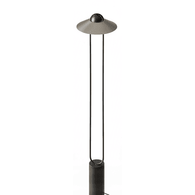 A modern minimalist floor lamp featuring a dark cylindrical base, a slender dual-rod stem, and a distinctive disc-shaped shade with a central spherical light element. The shade appears to be a brushed metallic finish, while the base and stem are a dark matte metal. — 3D model (AI enhanced source)