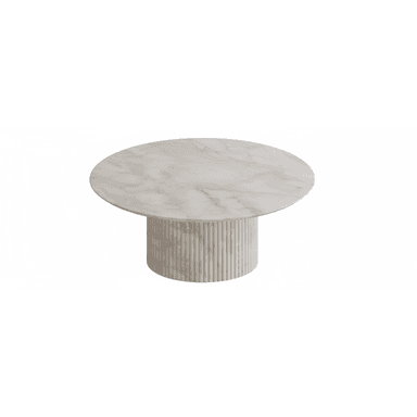 A contemporary coffee table featuring a round white marble top supported by a substantial cylindrical pedestal base with a vertical fluted texture. — 3D model (AI enhanced source)