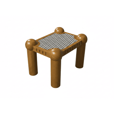 A postmodern-style accent table constructed from light brown wood, featuring a square top with a distinctive black and white patterned inlay. The table is supported by four chunky cylindrical legs, each topped with a large, smooth spherical finial at the corners of the tabletop. The apron beneath the tabletop exhibits small, rectangular carved details. — 3D model (AI enhanced source)