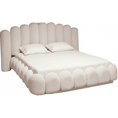 A contemporary platform bed with a distinctive scalloped design, fully upholstered in a textured cream-colored bouclé fabric. The headboard features vertical rounded panels, while the side rails and footboard showcase horizontal rounded elements, creating a soft, cloud-like aesthetic. The bed includes an integrated platform for mattress support. — 3D model (AI enhanced source)