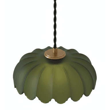 A contemporary pendant light featuring a dark green, frosted glass shade with a distinct fluted or scalloped design. The shade is suspended by a twisted black textile cord, which connects to a circular brass fixture at the top of the glass. The design appears modern with a touch of classic elegance. — 3D model (AI enhanced source)