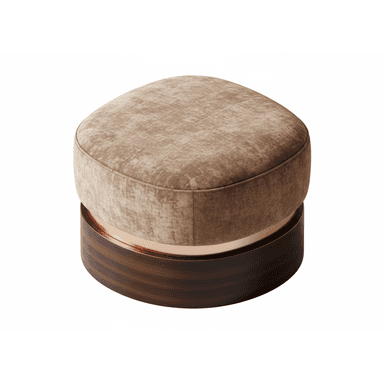 A contemporary ottoman featuring a rounded square form. The top cushion is upholstered in a textured, light brown fabric, resembling velvet or chenille. Below the upholstered top, there is a polished rose gold or copper metallic band, which transitions into a dark, rich-toned wooden base. The wood exhibits a prominent, horizontal grain pattern, contributing to its sophisticated appearance. The overall design suggests a blend of modern elegance and luxurious materials. — 3D model (AI enhanced source)