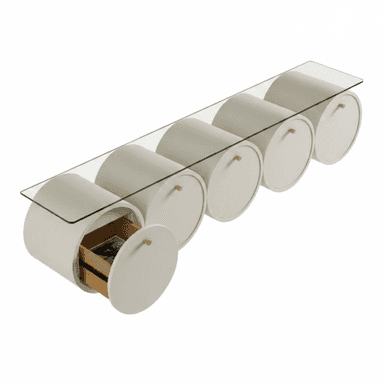 A contemporary console table featuring a clear glass tabletop supported by a series of five horizontal cylindrical storage units. The units are finished in a light, off-white or beige tone, each with a circular door that opens to reveal internal storage, one of which shows a wooden drawer insert. Each door is fitted with a small, round brass-colored knob. — 3D model (AI enhanced source)