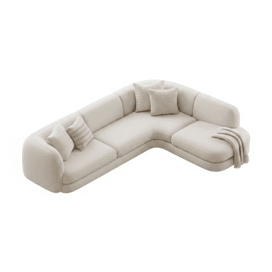 A modern, cream-colored sectional sofa with a rounded, modular design. It features a chaise lounge extension and includes several throw pillows. A light-colored throw blanket is draped over the chaise. — 3D model (AI enhanced source)