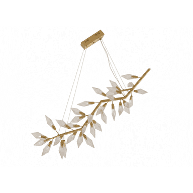 A decorative chandelier designed to resemble a branch with leaves. It features a matte gold-toned metal frame with a branching structure. Attached to the branches are multiple clear or frosted glass diffusers shaped like elongated, faceted crystals or buds, each housing a small light bulb. The chandelier is suspended by thin wires from a rectangular ceiling canopy. — 3D model (AI enhanced source)