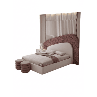 A modern platform bed featuring a rounded upholstered headboard, integrated into a large wall-mounted panel system. The wall panel comprises a light wood-toned section with vertical ribbed detailing and a studded perimeter, alongside an asymmetrical, richly patterned upholstered section. The bed frame is upholstered in a light, neutral fabric, and it is accompanied by two stacked circular footstools matching the patterned upholstery. — 3D model (AI enhanced source)