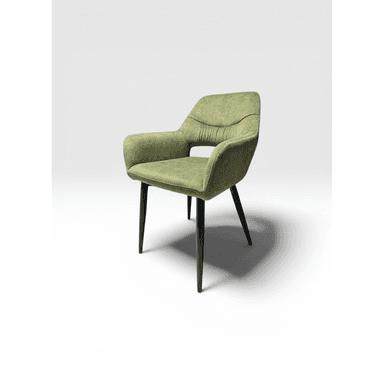 A contemporary dining chair upholstered in a textured sage green fabric, featuring integrated armrests and a gently curved back with subtle pleating. It stands on four splayed, dark-finished legs. — 3D model (AI enhanced source)