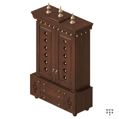 A dark brown wooden structure designed as a traditional Indian Pooja Mandir. It features an upper cabinet with double doors, intricately perforated with small cutouts and adorned with hanging brass bells. The top is accented with decorative brass finials. The lower section includes multiple storage drawers and two side compartments, each featuring a carved floral or geometric pattern. The overall aesthetic is rich and traditional, suitable for religious ceremonies. — 3D model (AI enhanced source)