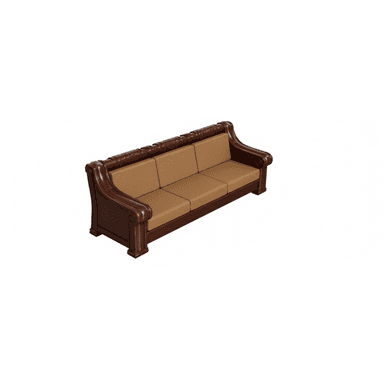 A traditional three-seater sofa featuring a dark, richly carved wooden frame and beige upholstered cushions. The sofa has ornate details along the crest rail and on the rolled armrests, with fluted paneling along the lower skirt. — 3D model (AI enhanced source)