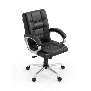 A black executive-style office chair featuring a padded, quilted backrest and seat, silver-colored armrests with black pads, and a five-star base with casters. — 3D model (AI enhanced source)