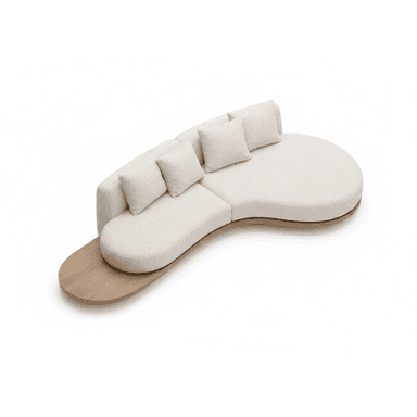 An overhead view of a contemporary, asymmetrical sectional sofa featuring a curved seating arrangement and an integrated wooden platform. The sofa is upholstered in a textured, light-colored fabric, likely bouclé, and includes several loose back cushions. The base of the sofa is connected to an organic-shaped wooden platform that extends beyond the seating modules, acting as a functional side table or display surface. The design emphasizes fluidity and modularity with soft, rounded edges. — 3D model (AI enhanced source)