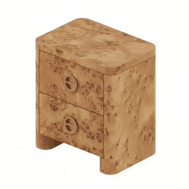 A two-drawer nightstand featuring a rich burl wood veneer finish and rounded edges, equipped with recessed circular brass pulls. — 3D model (AI enhanced source)