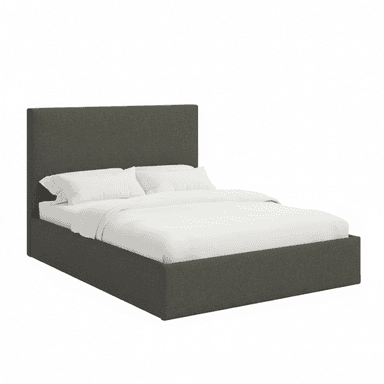 A upholstered bed frame with a rectangular headboard and a low profile base. The bed is shown with white bedding, including two pillows and a duvet. — 3D model (AI enhanced source)
